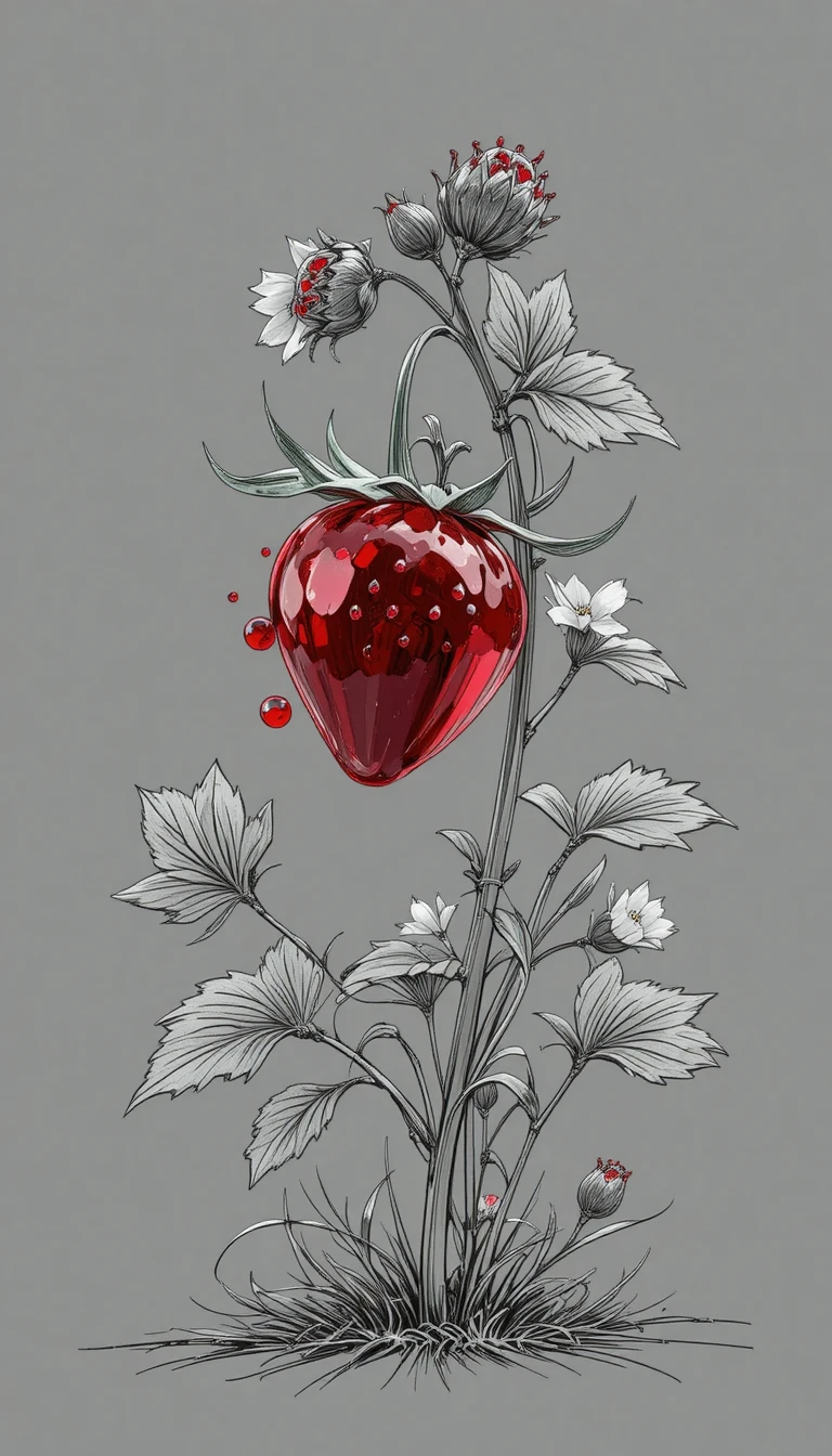 Schizzo a linee di una pianta di fragole con una fragola di vetro