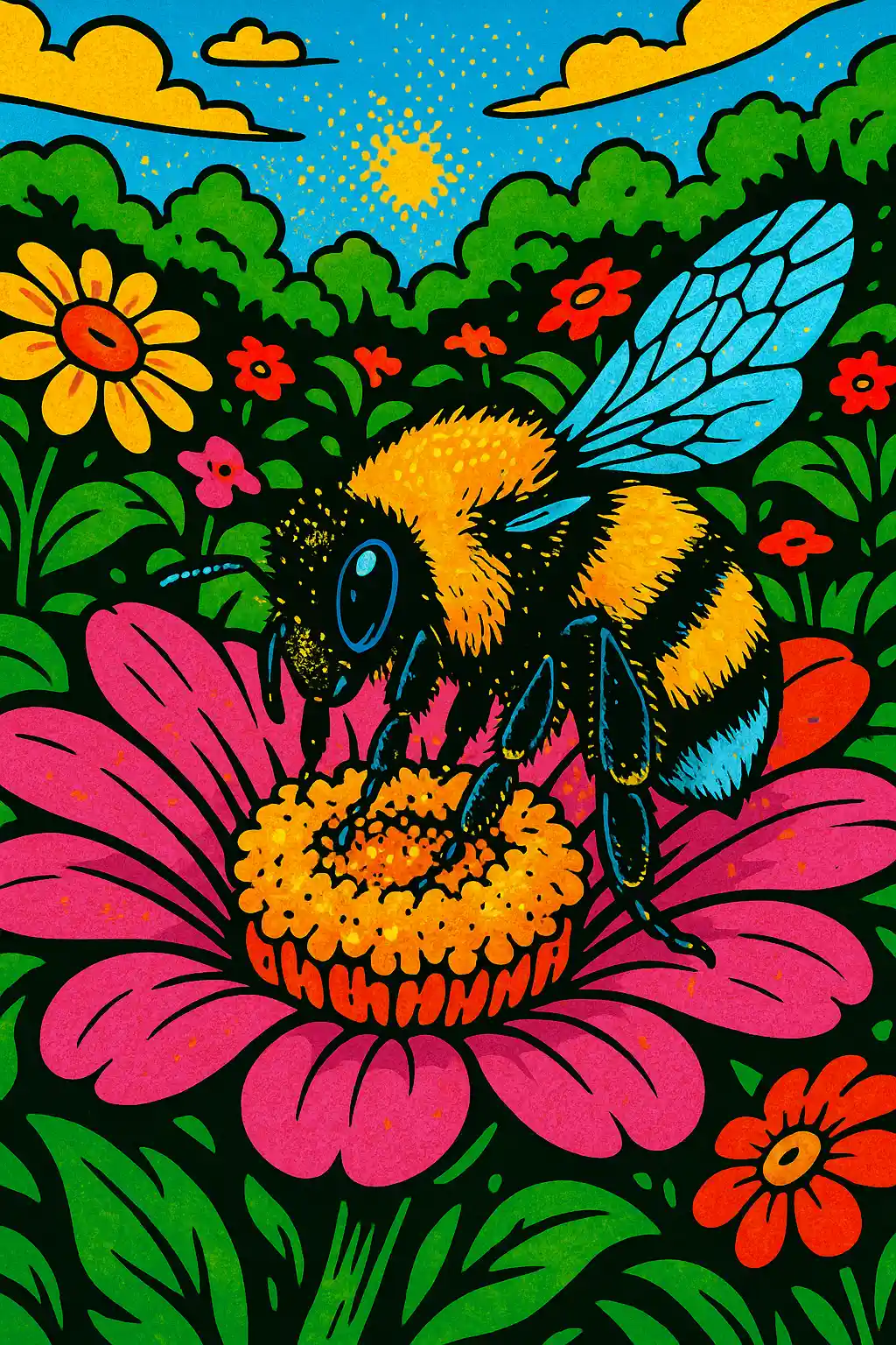 Bumble bee on pink flower in sunny garden close up