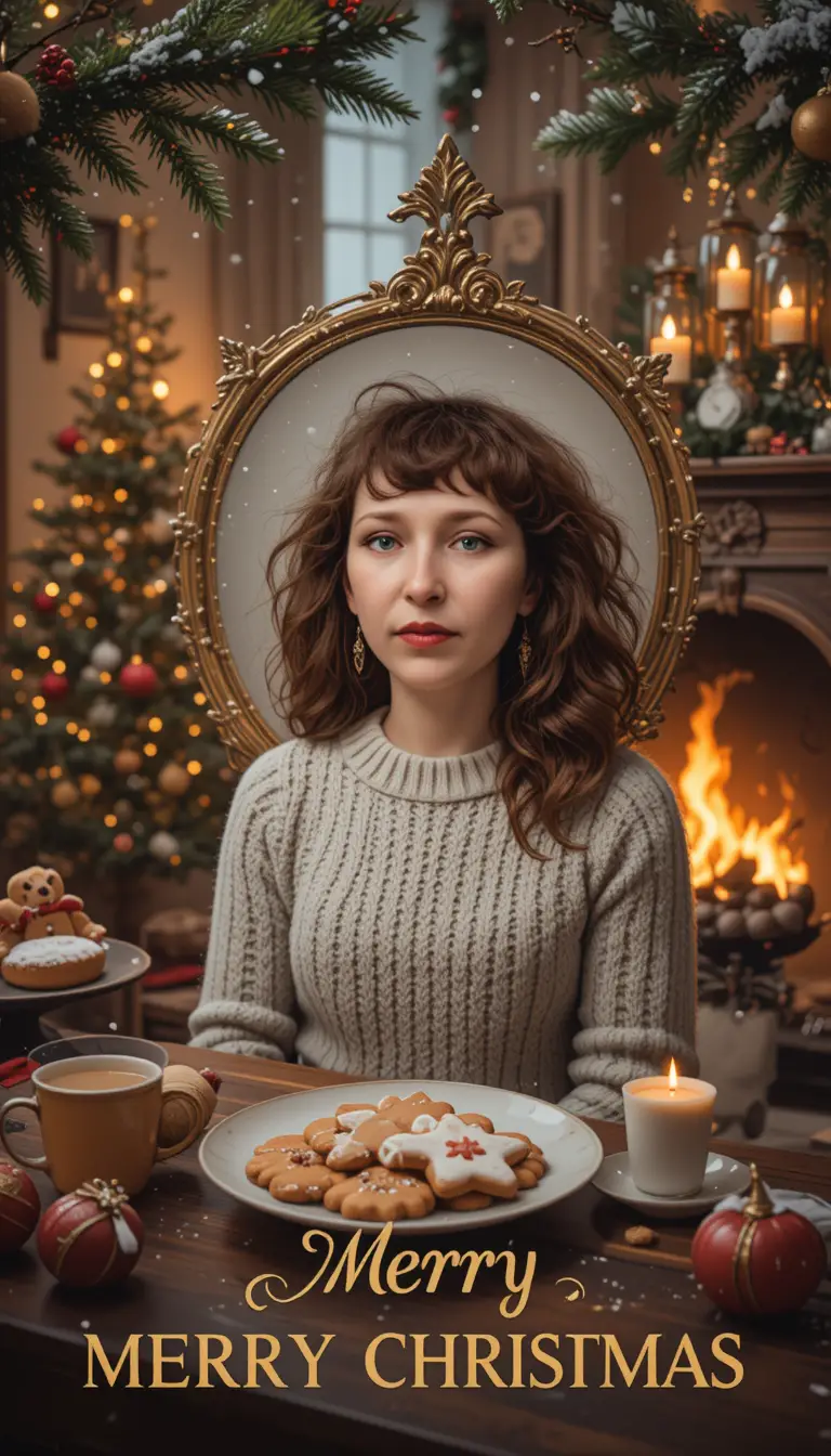 Warm Christmas portrait by the fireplace with glowing tree