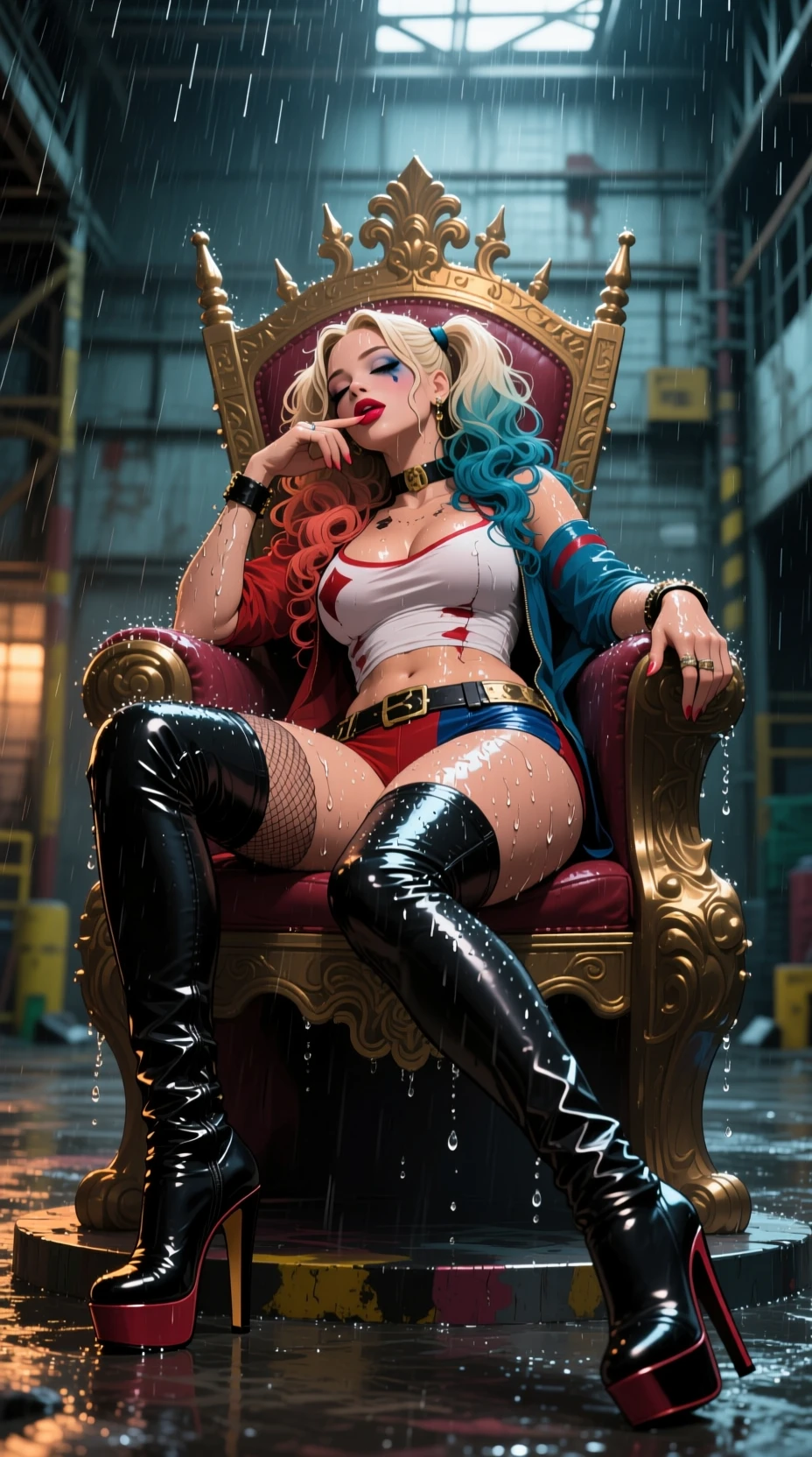 Anime woman on a chaotic throne under heavy rain
