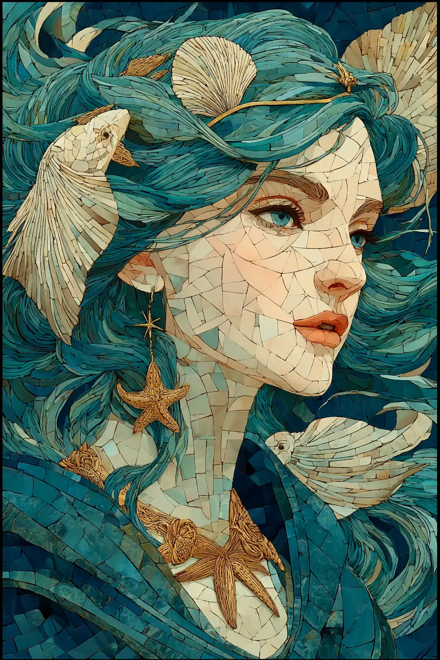 Mosaic portrait of a serene siren amid underwater corals