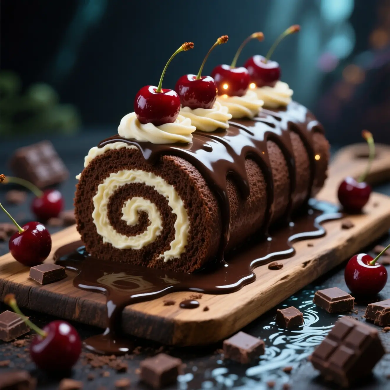 Magical Chocolate Swiss Roll Cake With Cherries And Cream