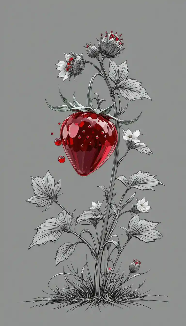 Schizzo a linee di una pianta di fragole con una fragola di vetro