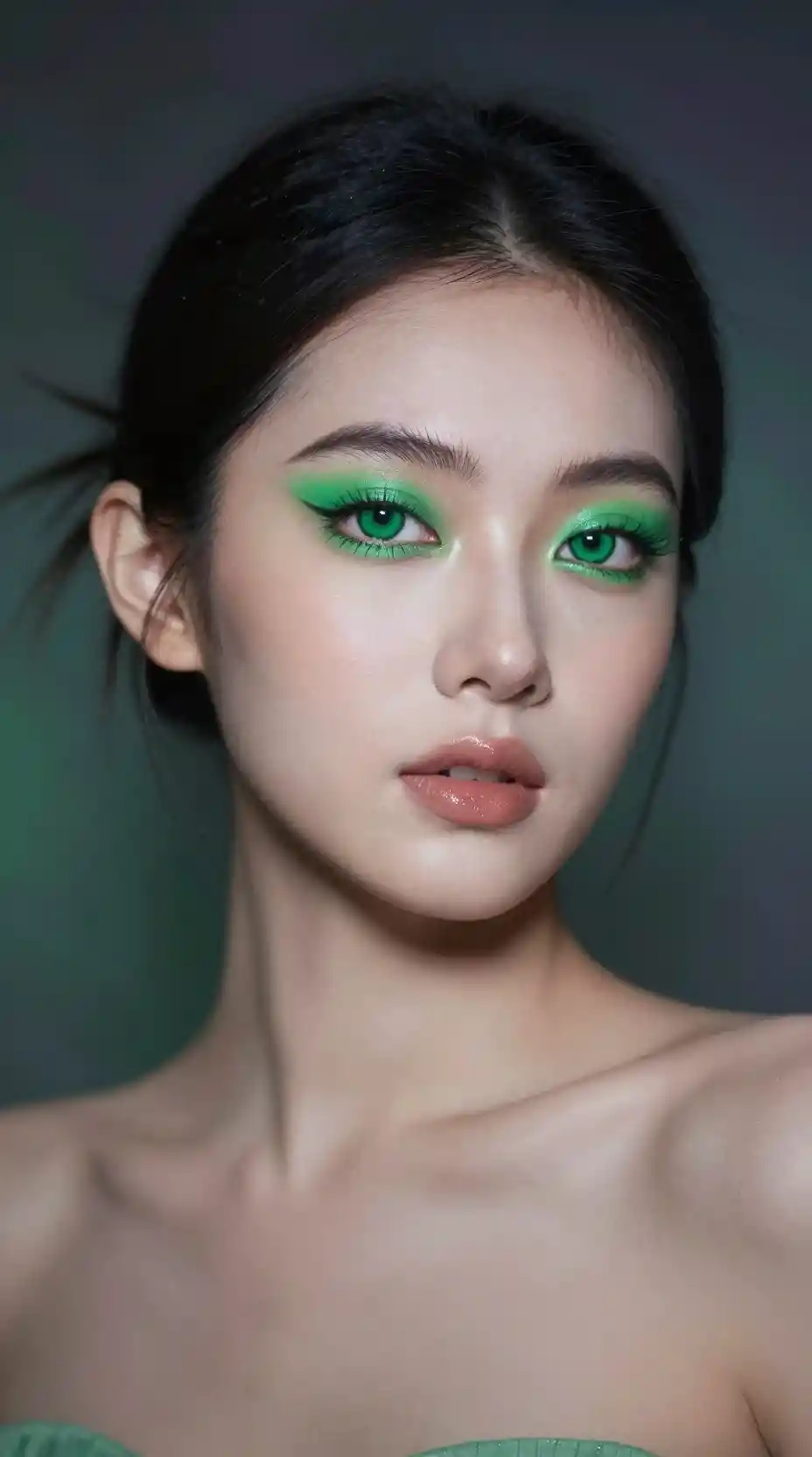Green eyed beauty in glowing magical aura background