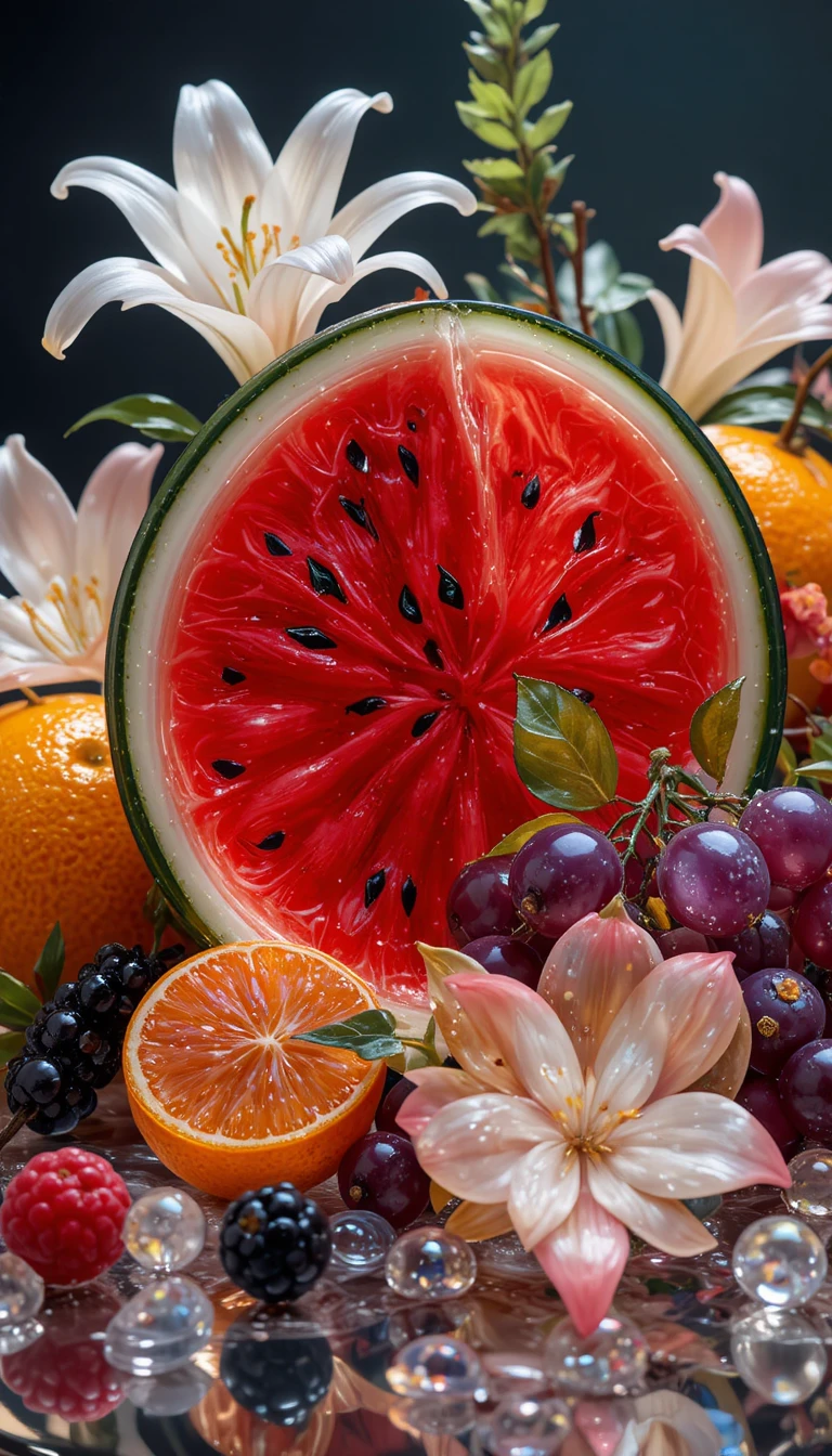 Lussuosa natura morta di frutta in vetro con anguria di cristallo