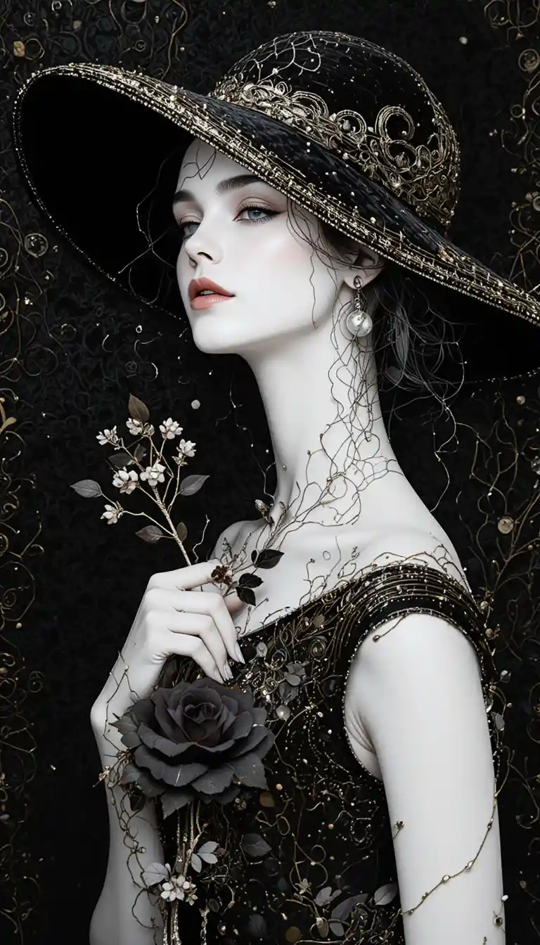 Elegant line drawn woman with hat and rose details