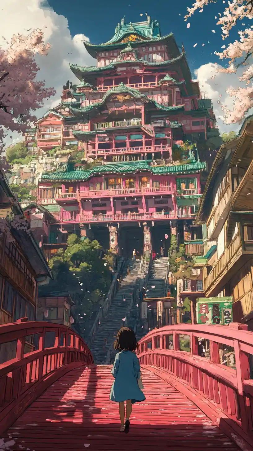 Girl on red bridge approaching mystical Japanese palace
