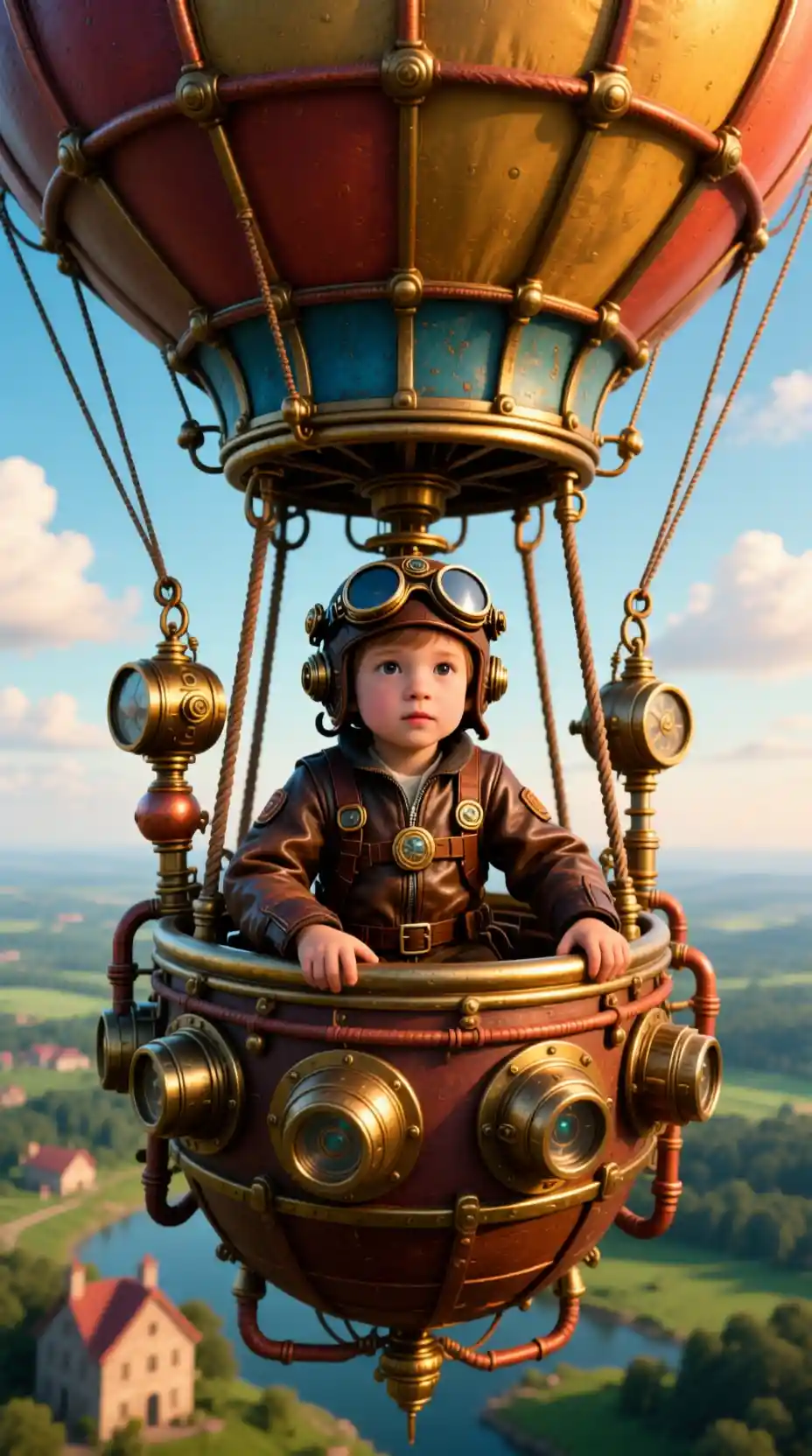 Dirigibile mongolfiera steampunk che fluttua sopra un paesaggio suggestivo