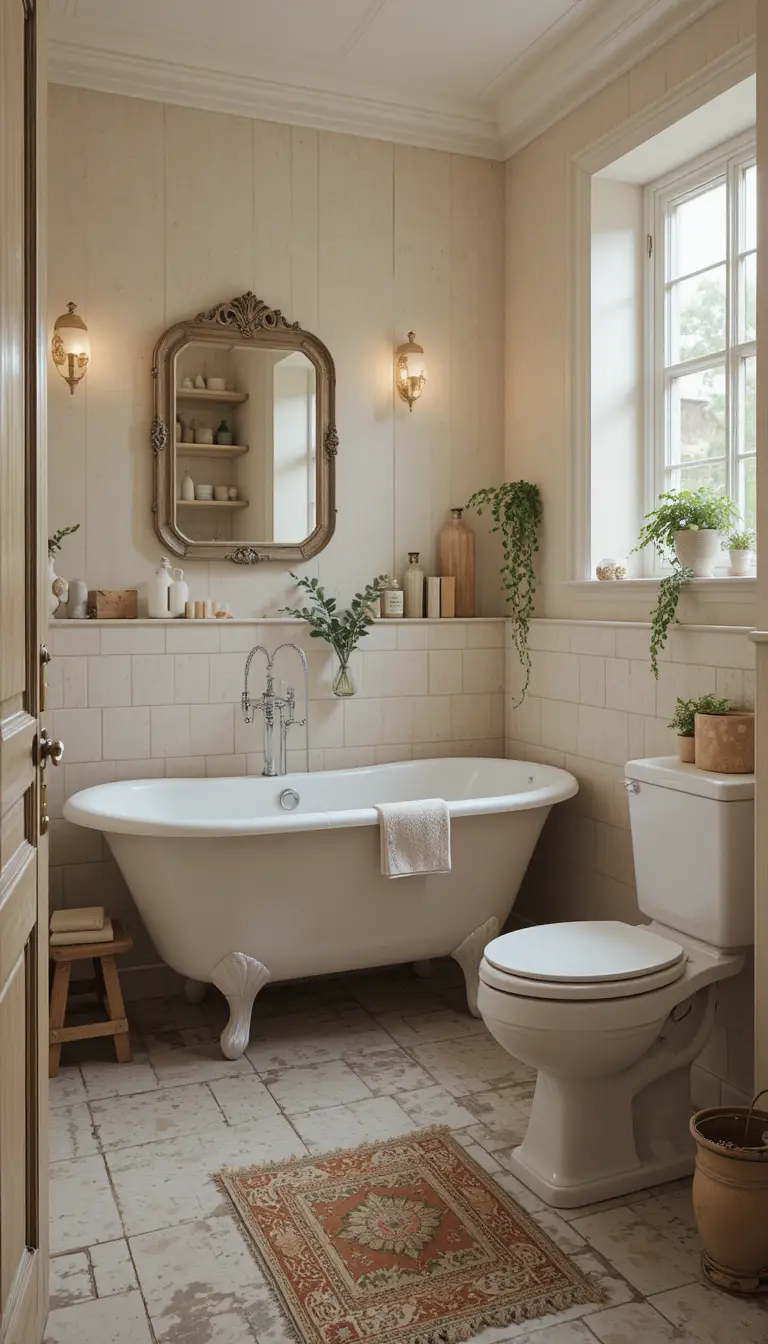 Cozy vintage family bathroom with central clawfoot bathtub