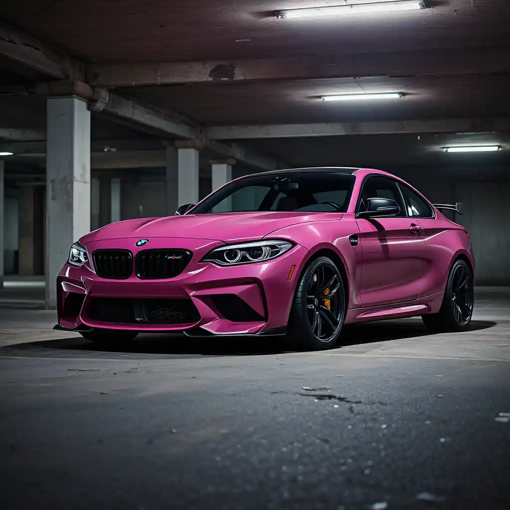 Voiture de sport rose foncé garée dans un parking souterrain
