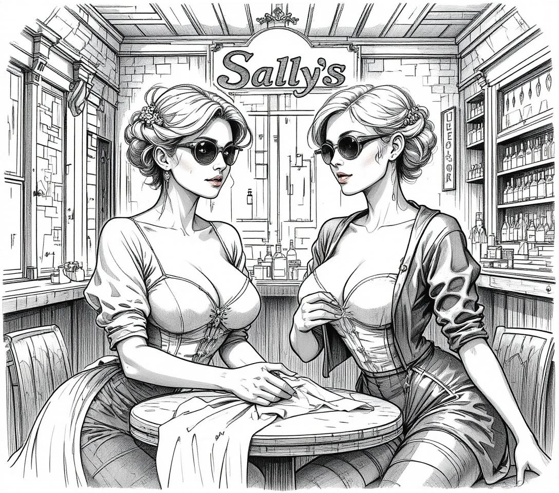 Two middle aged women in a rustic stone interior