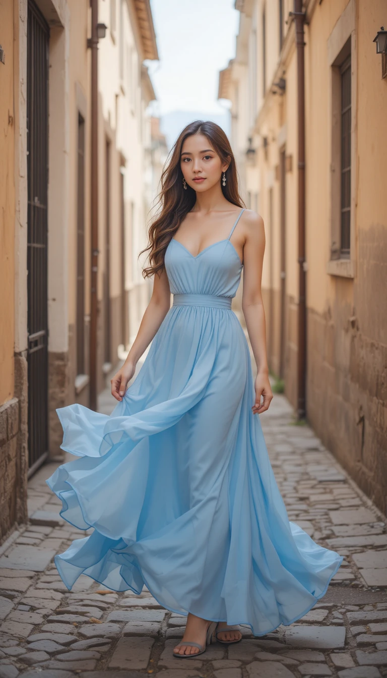 Young woman in a blue sundress standing in a narrow alley