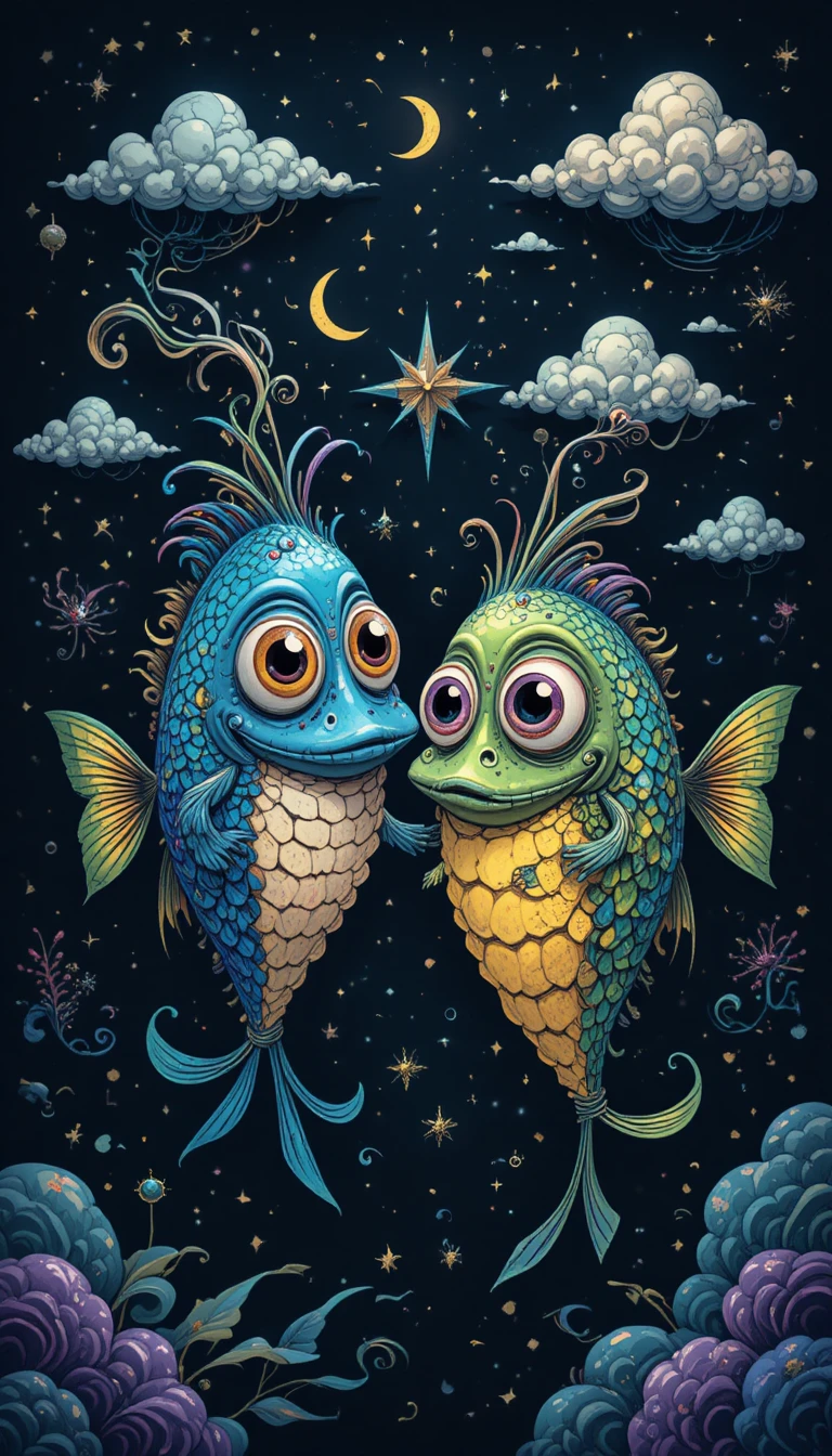 Colorful cartoon fish floating in a dreamy starry void