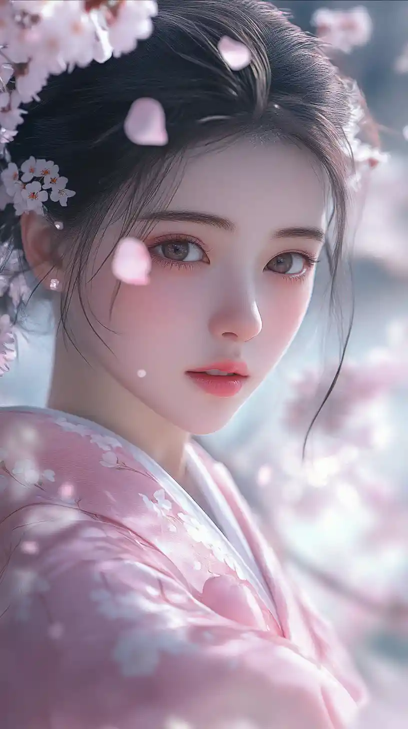 Melancholic anime girl in pink kimono under cherry blossoms