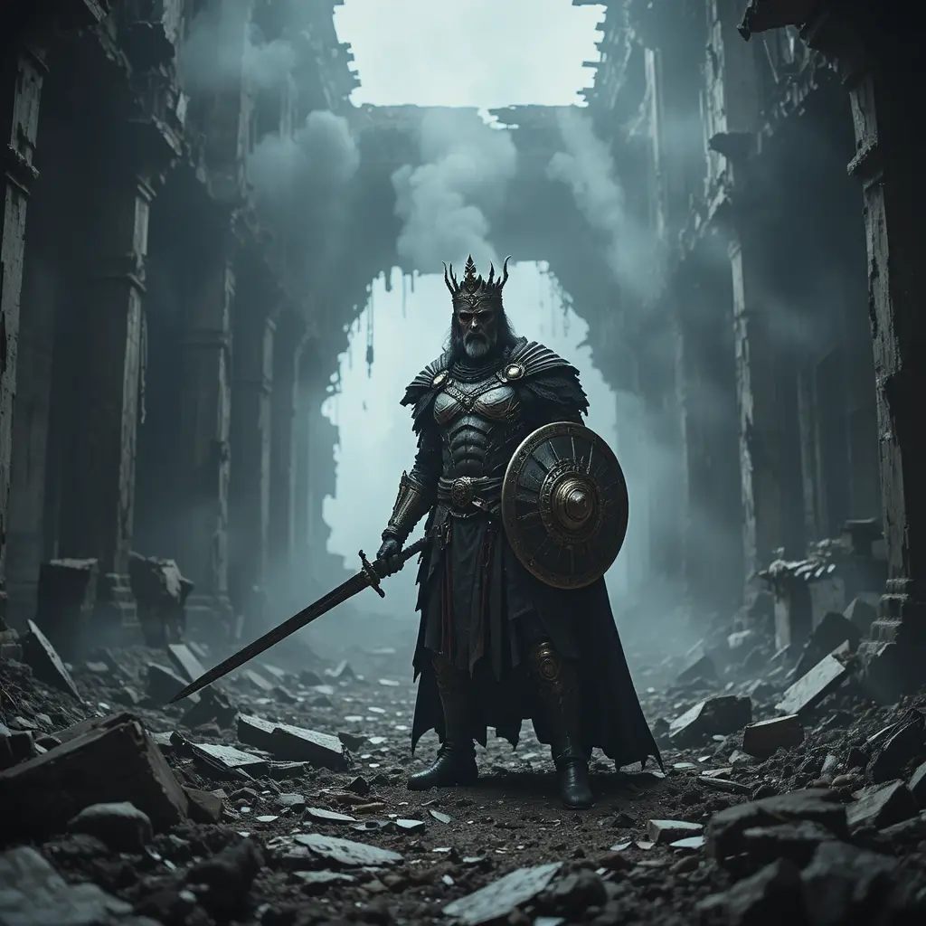 Apocalyptic warrior king in a ruined smoky building