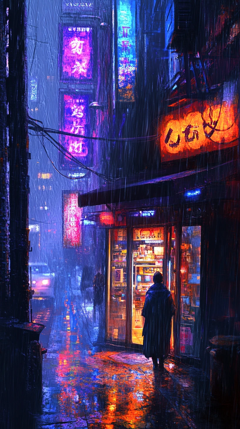 雨に濡れた街を見下ろすネオンのサイバーパンクな扉の孤独な人物