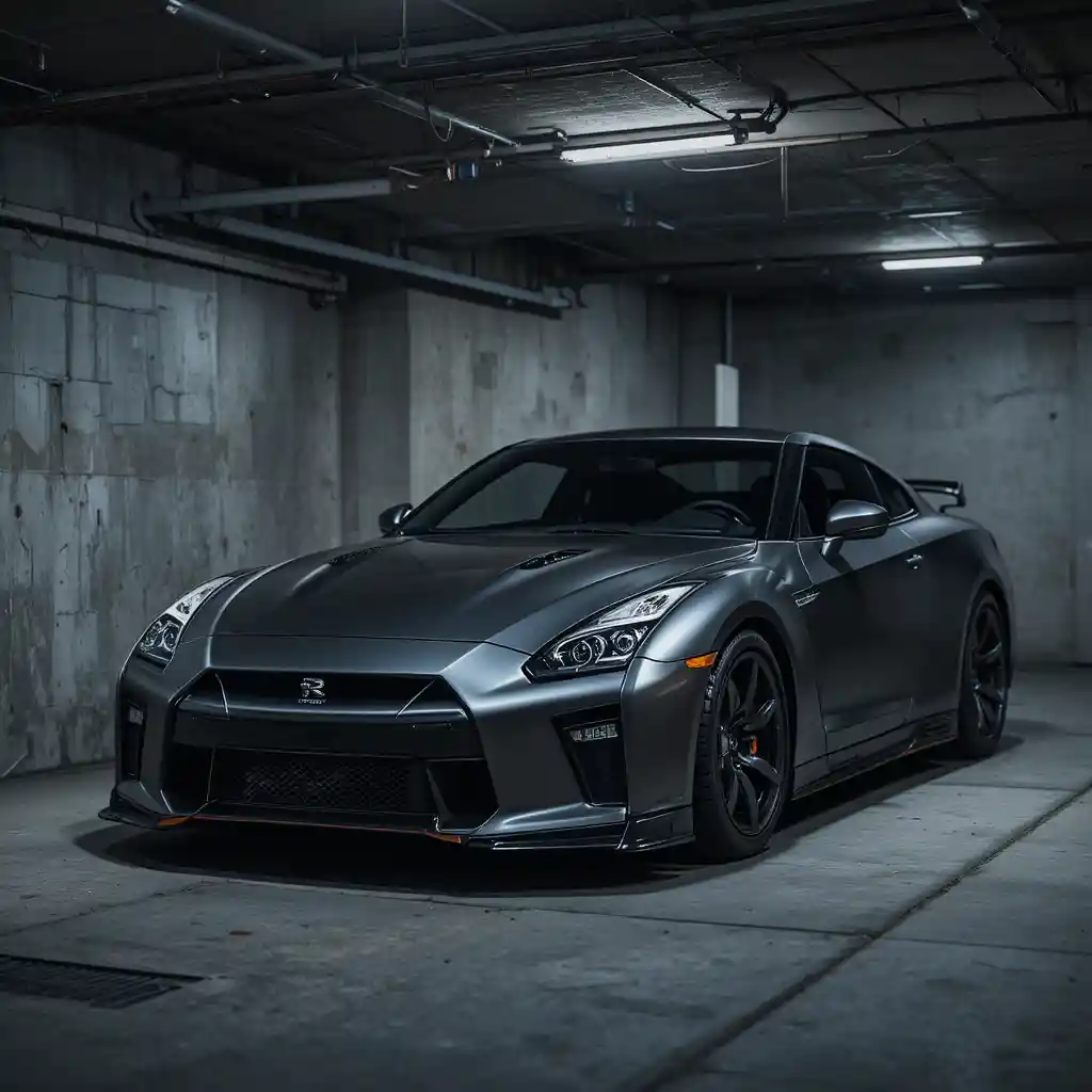 Dark silver sports car in an underground parking garage