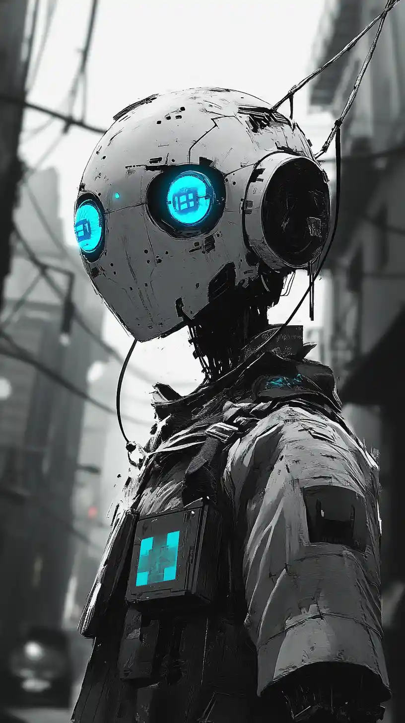 Futuristic humanoid robot towering over a dark city street