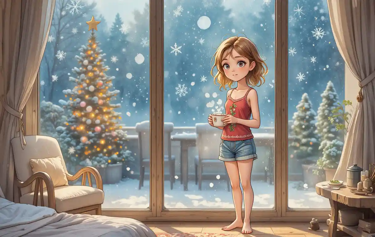 Young girl by frosted window with Christmas hot chocolate