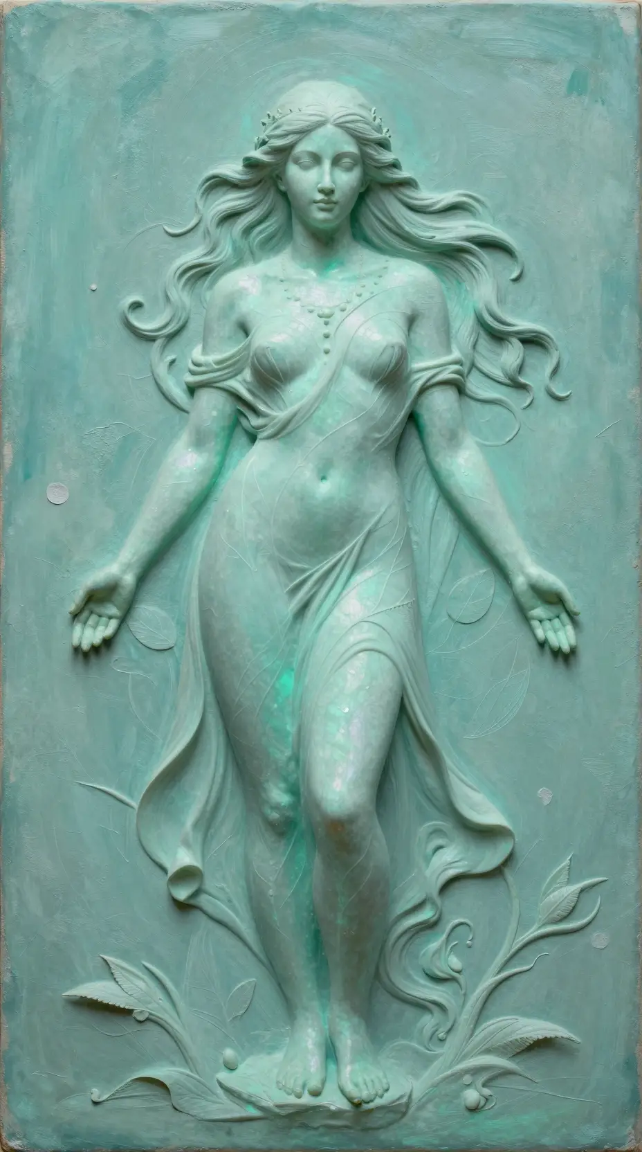 Mythic bioluminescent woman emerging as nature deity figure