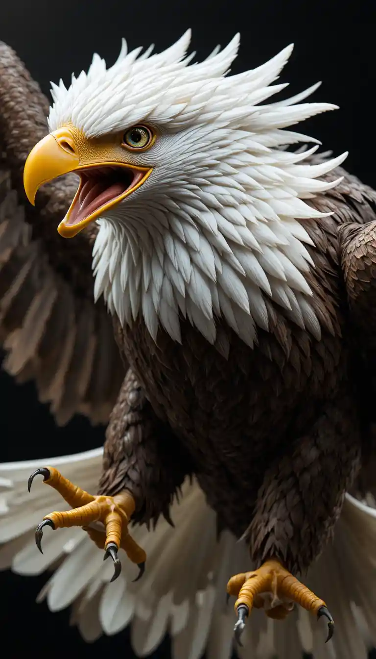Aquila calva in volo d’attacco su sfondo nero in illustrazione 3D