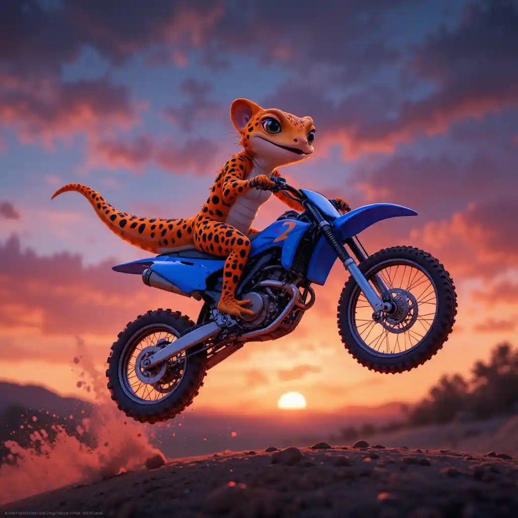 Cute anime leopard gecko riding a blue dirt bike