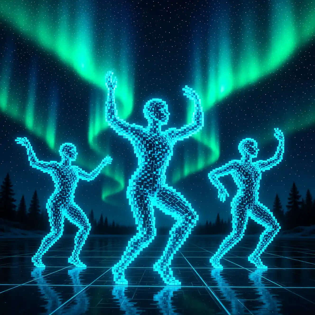 Ondas digitales azules y verdes como una aurora en abstracción