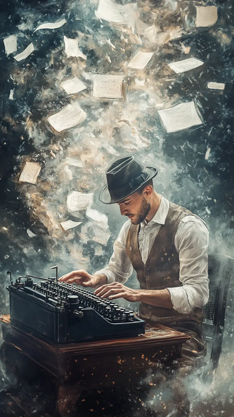 Writer at typewriter surrounded by floating scrolls and ink