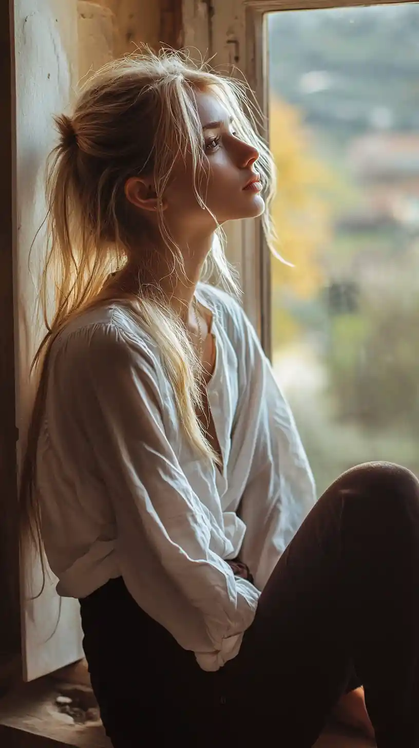 Jeune femme élégante de profil près d’une fenêtre ensoleillée