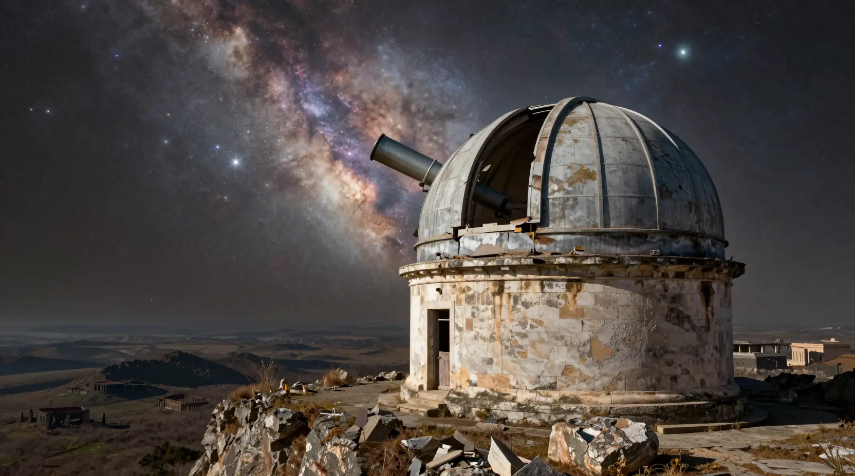 Abandoned cliffside observatory under a cosmic nebula sky