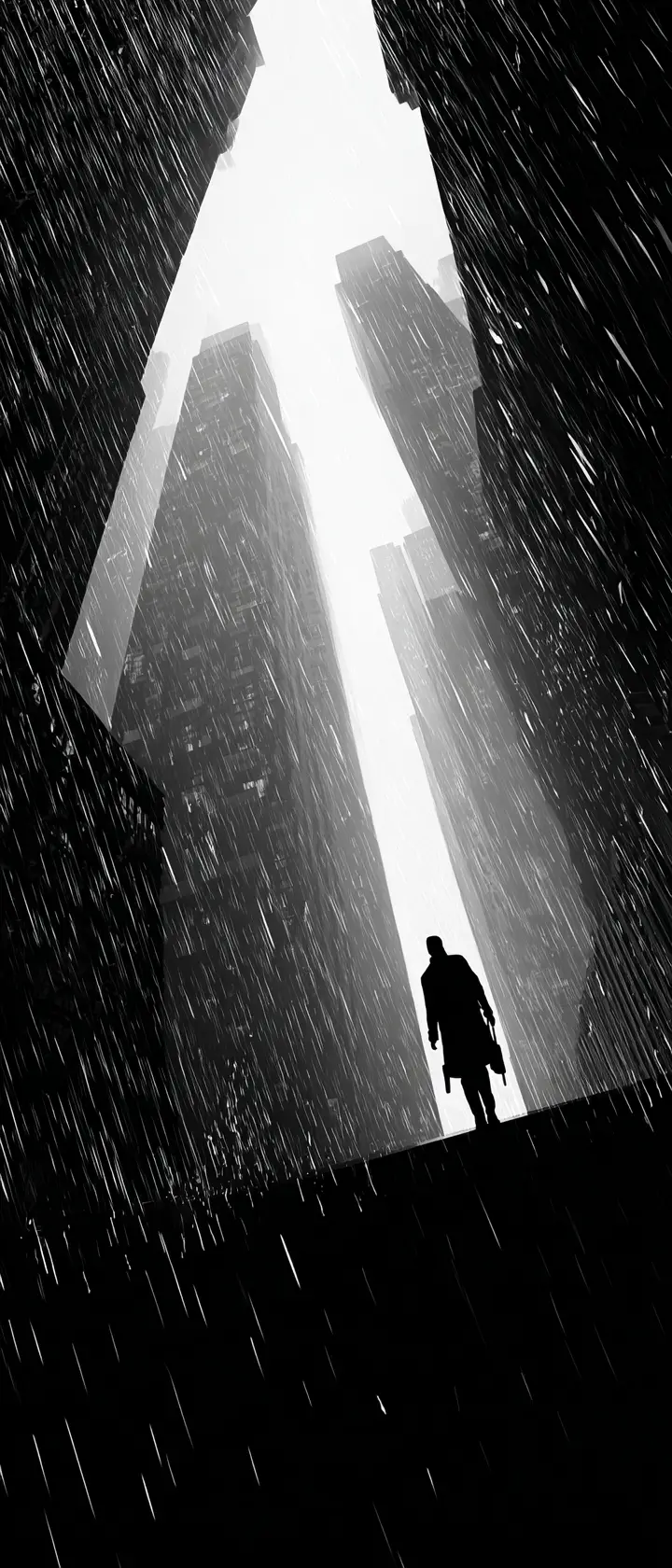 Lone silhouette walking through towering noir city in rain