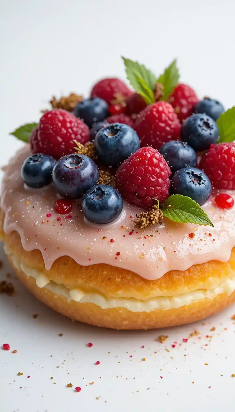 Donut glaceado com frutas vermelhas em fundo branco limpo