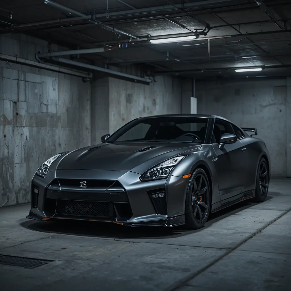 Dark silver sports car in an underground parking garage