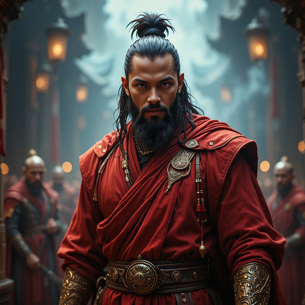 Confident fantasy monk hero in red and gold robes