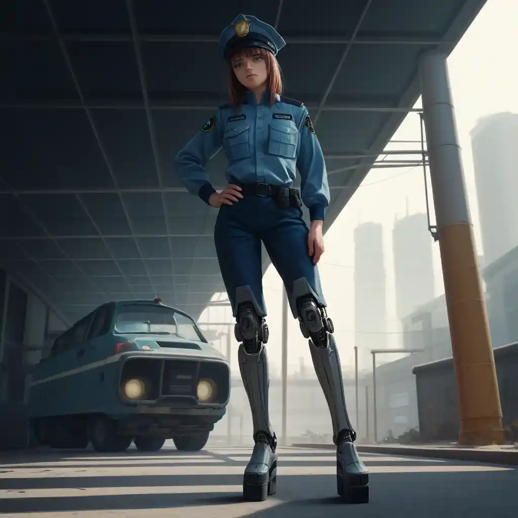 Cybernetic police woman on alien city platform