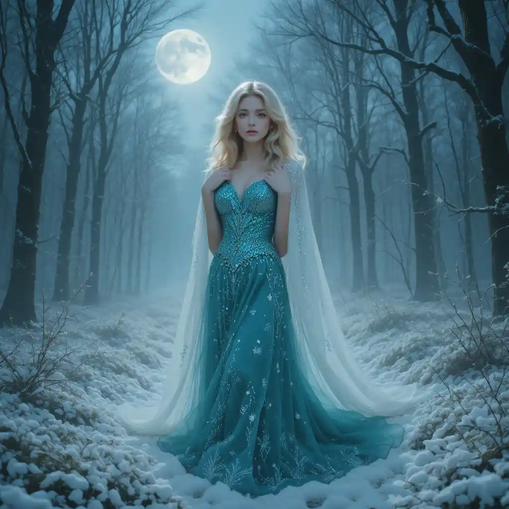Blonde woman in teal gown under moonlit snowy forest