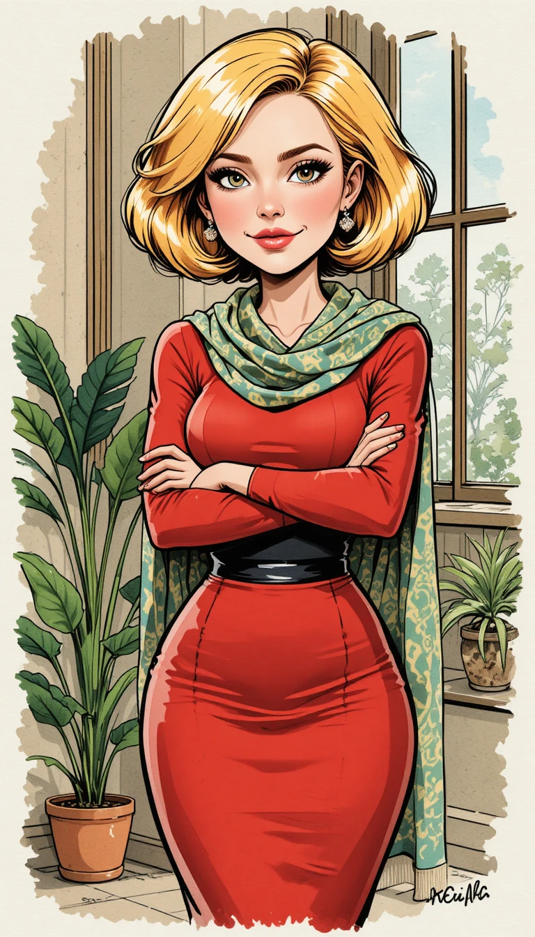 Confident blonde woman in red dress caricature illustration