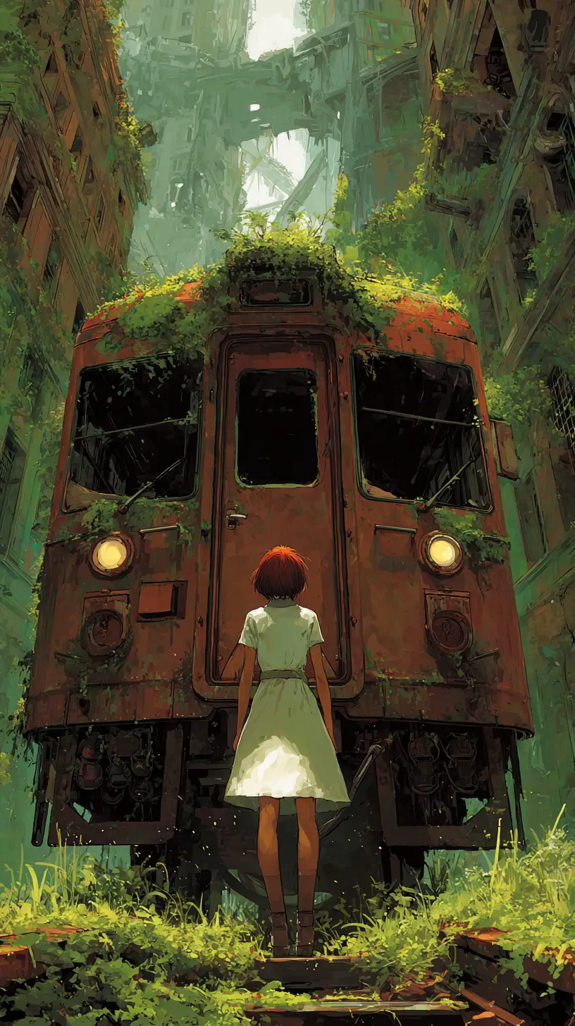 Woman in white dress before overgrown rusted train