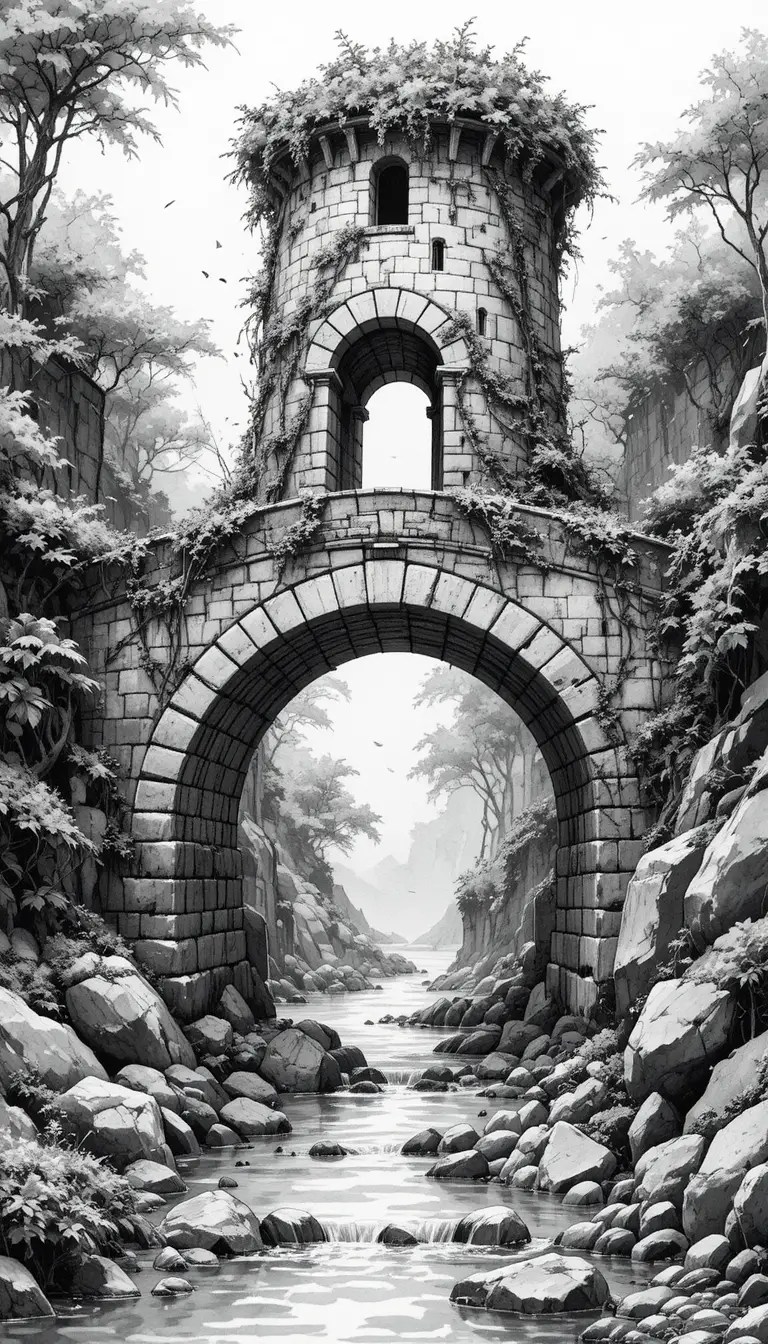 Ancient stone bridge with ivy tower over calm river