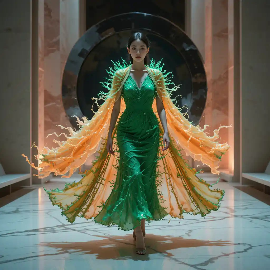 Korean model in ferrofluid dress and glowing plasma cape