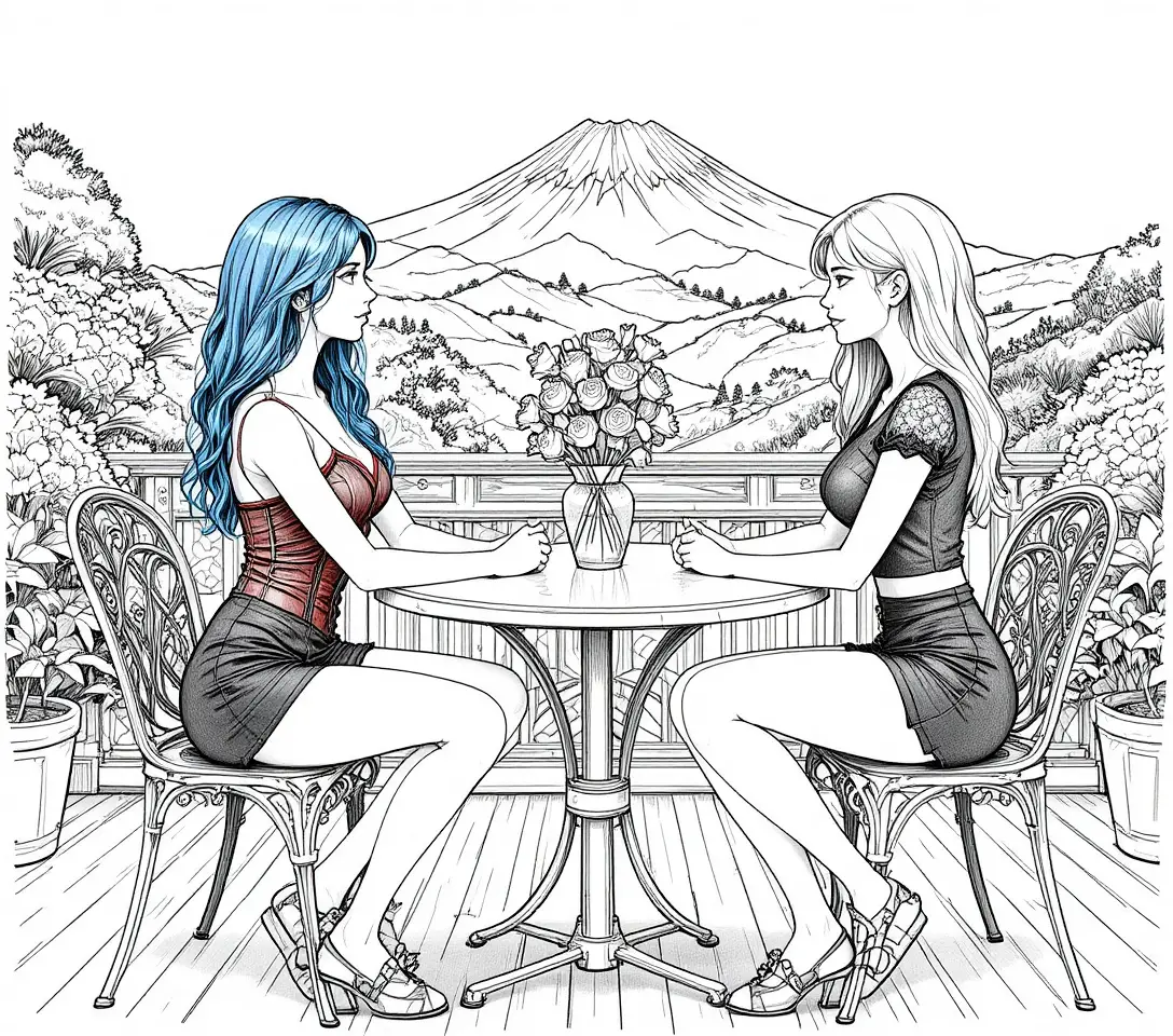 Two stylish young women at a terrace table with flowers