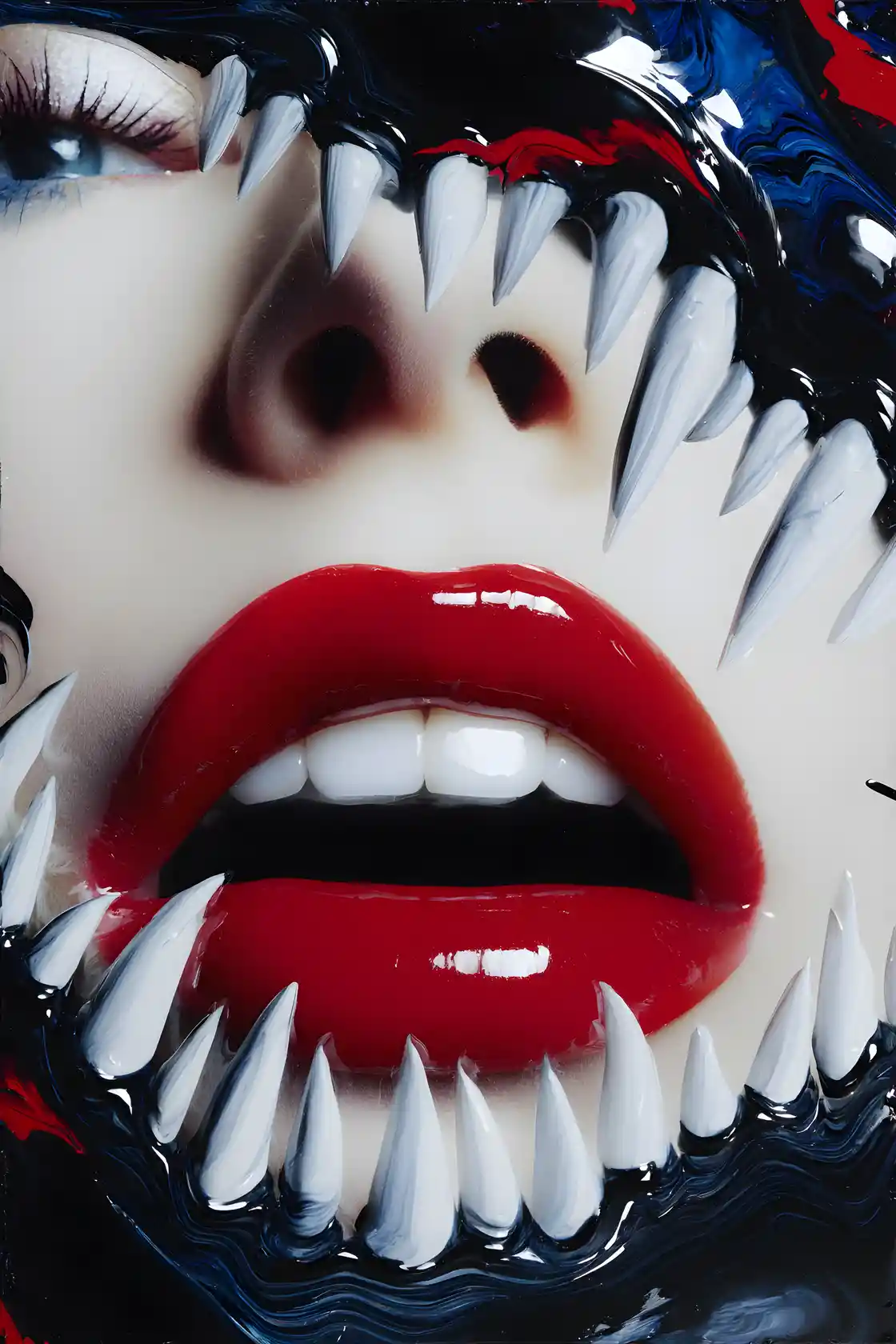 Surreal collision of circles with otherworldly sharp toothed beasts