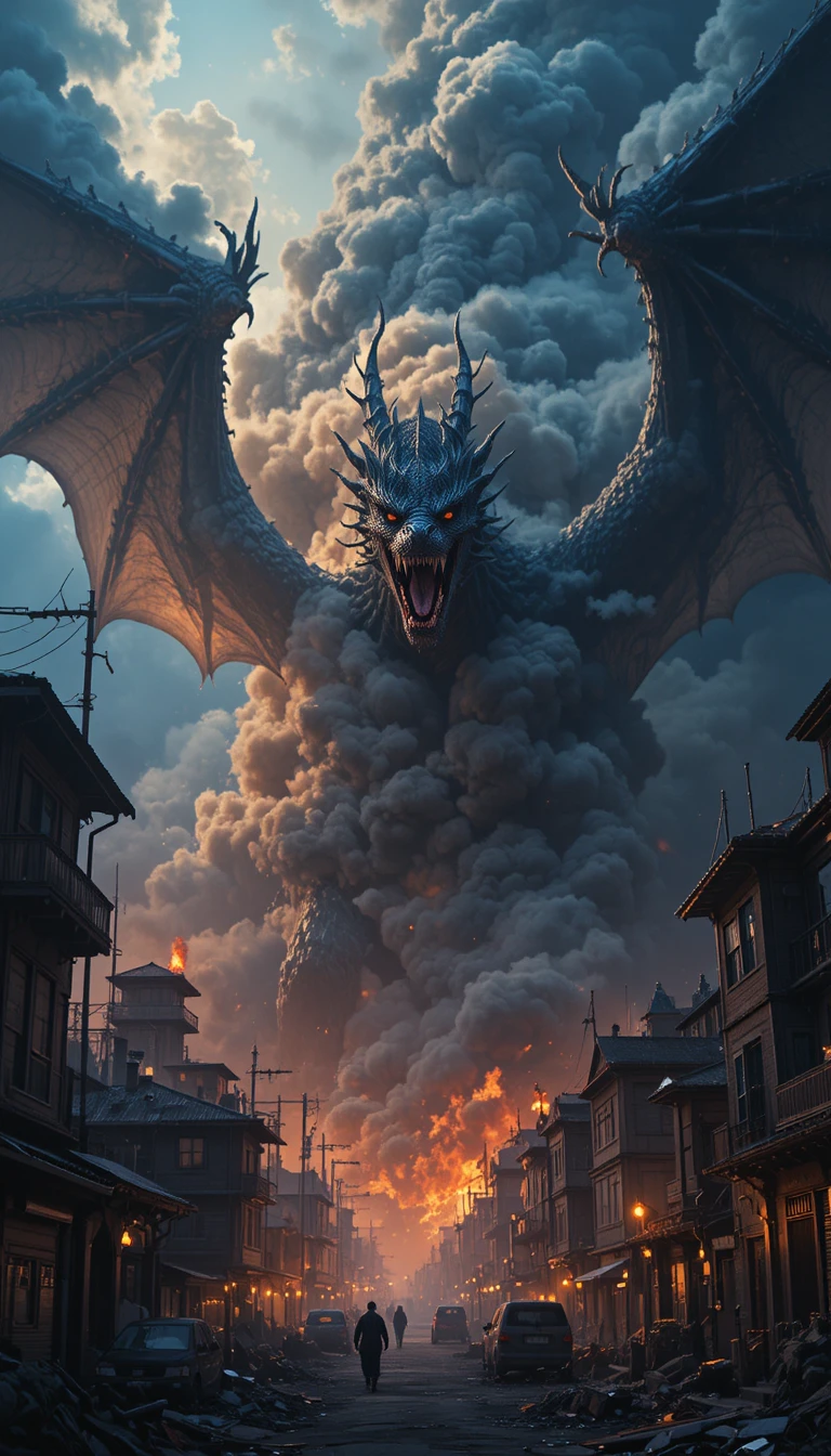 Massive dragon over burning city in dark stormy sky