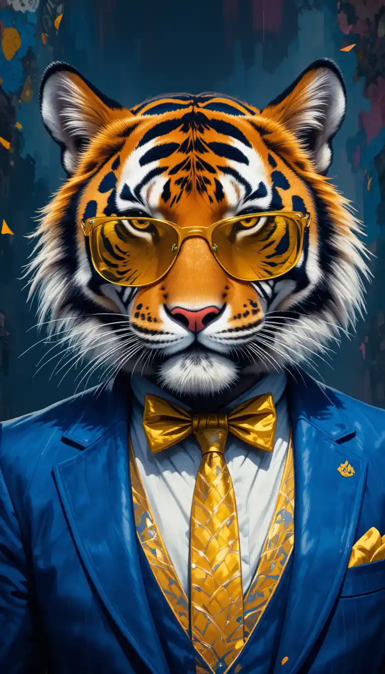 Tiger In Blue Suit With Yellow Sunglasses On Abstract Background