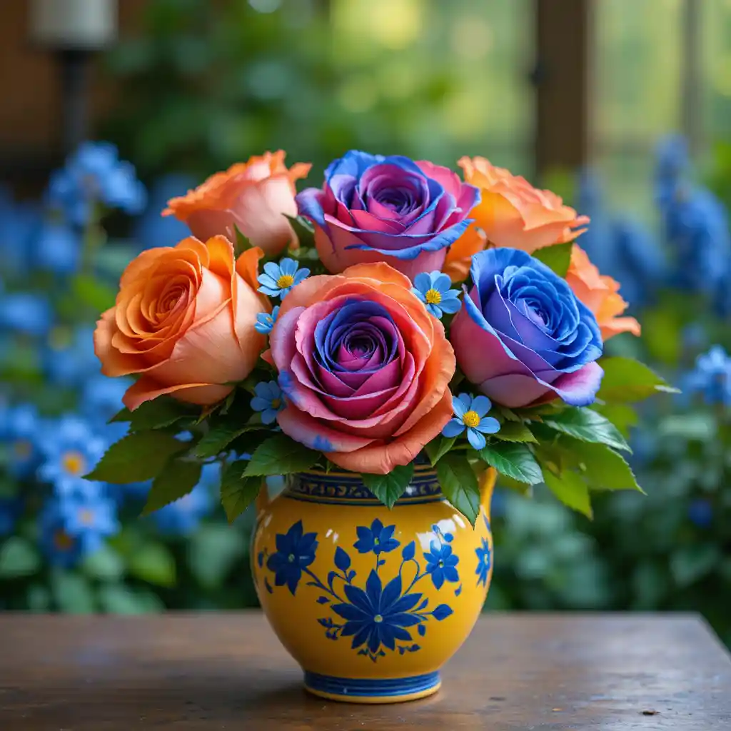 Rosas coloridas em um vaso de cerâmica amarelo sobre madeira