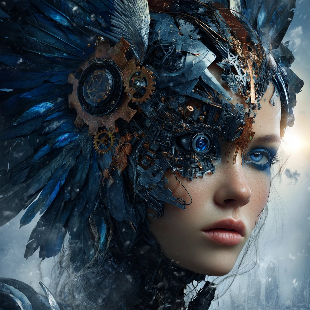 Melancholischer weiblicher Cyborg-Engel in verschneiter futuristischer Stadt