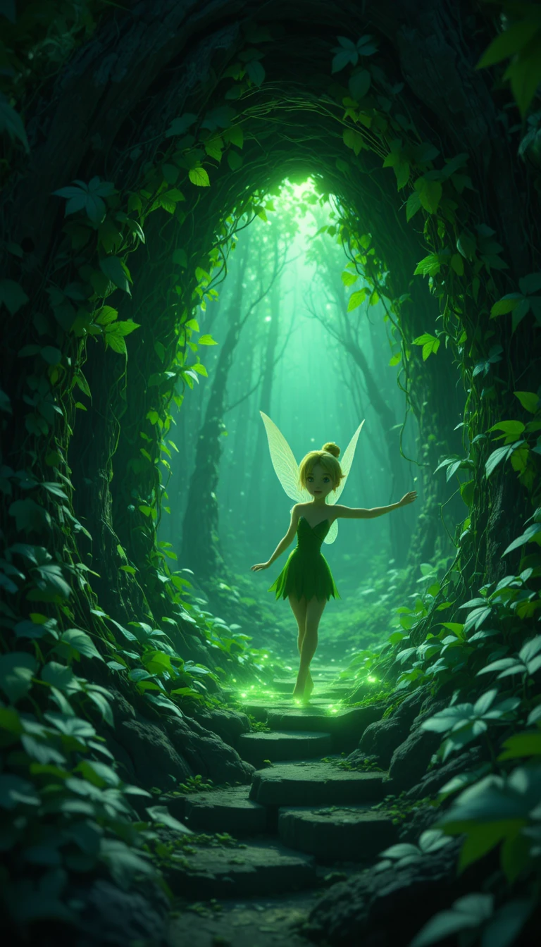 Fairy parts glowing vines to reveal hidden forest hollow