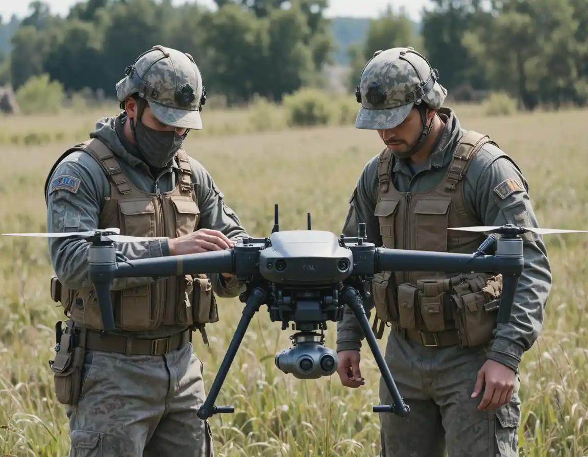 Soldiers preparing a large drone in a grassy field