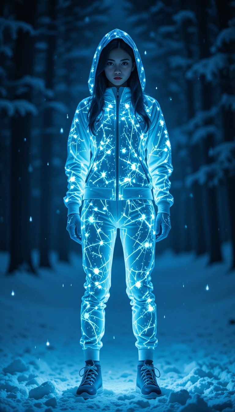雪の夜の森に立つ光るジャージ姿の女性