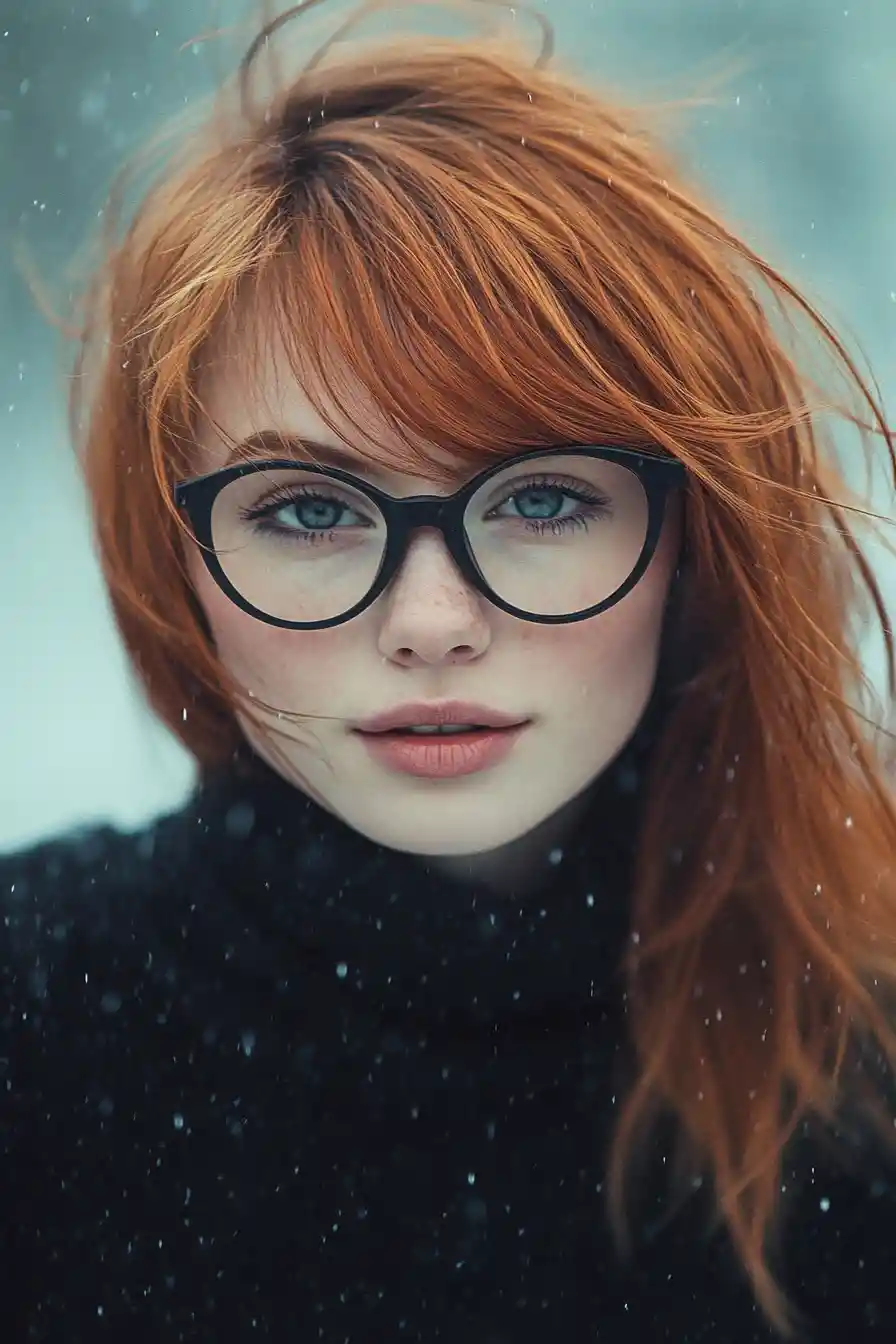 Red haired woman in rain with round glasses portrait